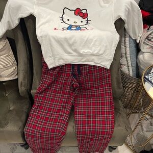 Hello Kitty White and Red Pajama Set with Graphic Top and Plaid Pants